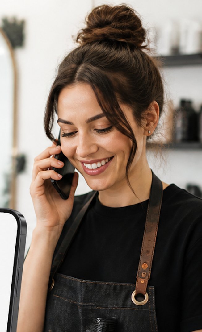 Salon owner answering a booking call at the front desk